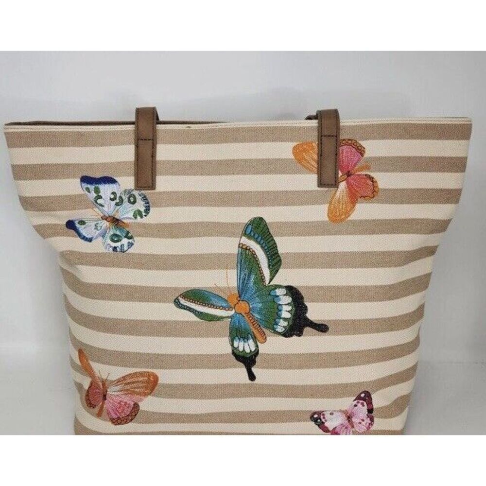 Bueno Canvas Shoulder Bag Butterfly Embroidered Summer Tote Beach Tan Stripe